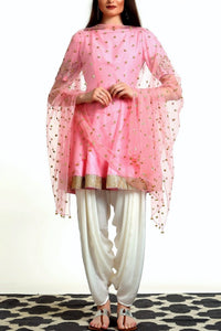 Buy blush pink peplum kurta with white salwar and dupatta online in USA. Get occasion ready with a stunning range of Indian designer suits from Pure Elegance fashion store in USA. We bring the best designer dresses for Indian women in USA at our online store. Shop now.-full view