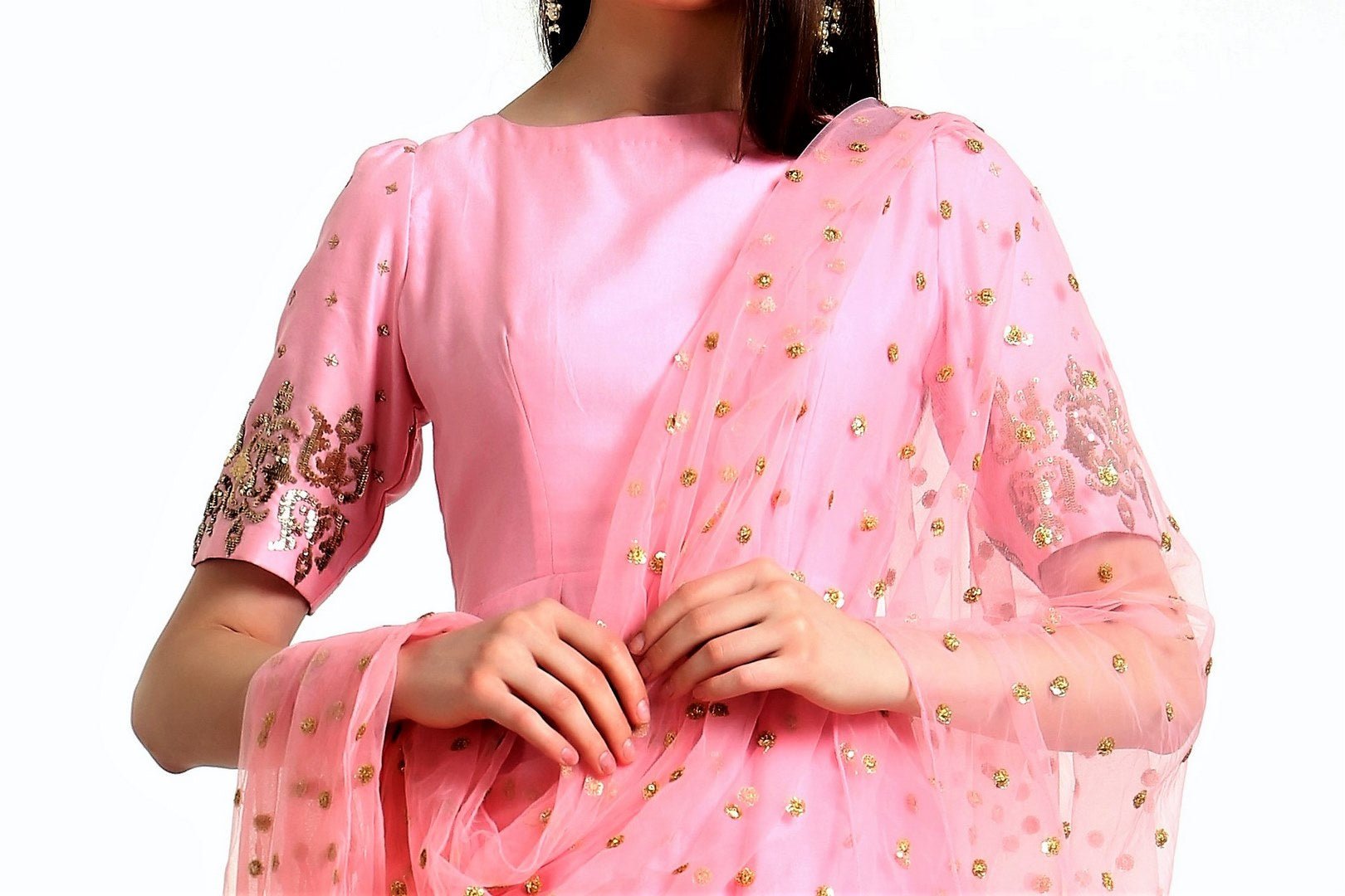 Buy blush pink peplum kurta with white salwar and dupatta online in USA. Get occasion ready with a stunning range of Indian designer suits from Pure Elegance fashion store in USA. We bring the best designer dresses for Indian women in USA at our online store. Shop now.-details