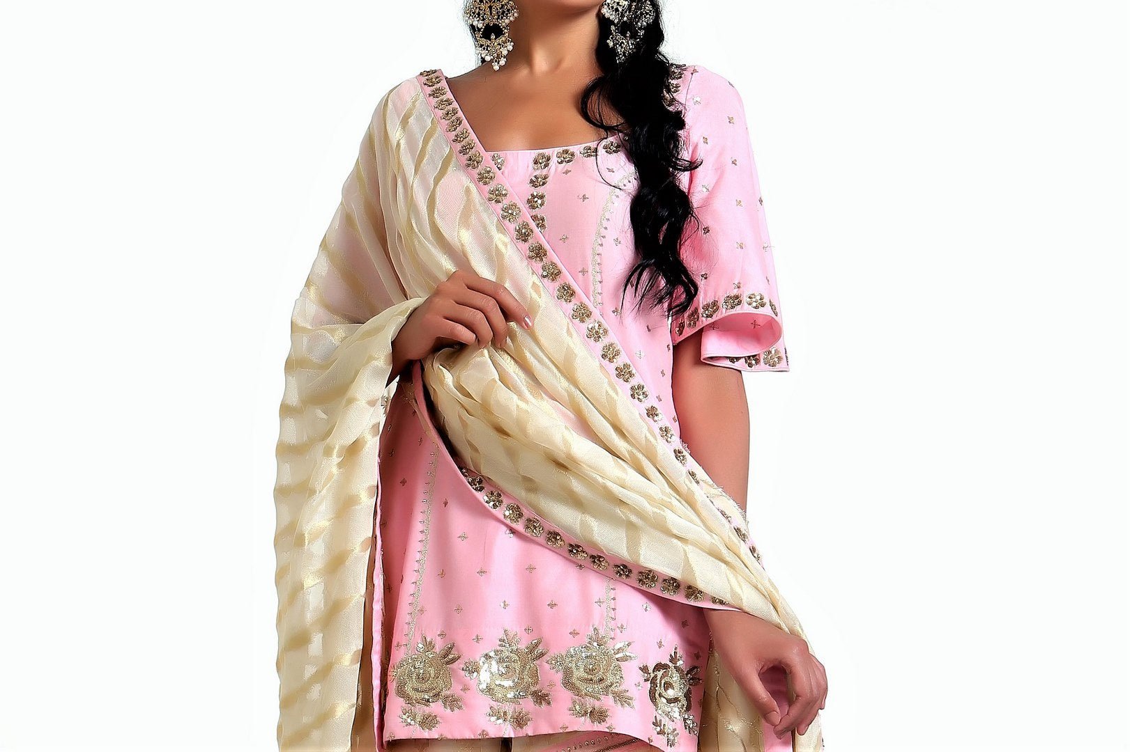 Buy blush pink short kurta with ivory tissue net garara and dupatta online in USA. Get occasion ready with a stunning range of Indian designer suits from Pure Elegance fashion store in USA. We bring the best designer dresses for Indian women in USA at our online store. Shop now.-kurta