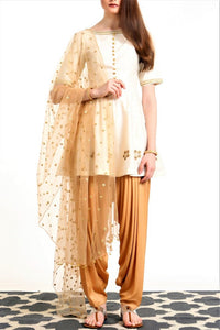 Buy ivory peplum silk blend kurta with gold dhoti salwar and dupatta online in USA. Get occasion ready with a stunning range of Indian designer suits from Pure Elegance fashion store in USA. We bring the best designer dresses for Indian women in USA at our online store. Shop now.-full view