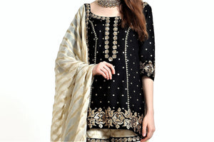 Buy black silk blend short kurta with ivory tissue net gharara online in USA. Get occasion ready with a stunning range of Indian designer suits from Pure Elegance fashion store in USA. We bring the best designer dresses for Indian women in USA at our online store. Shop now.-kurta