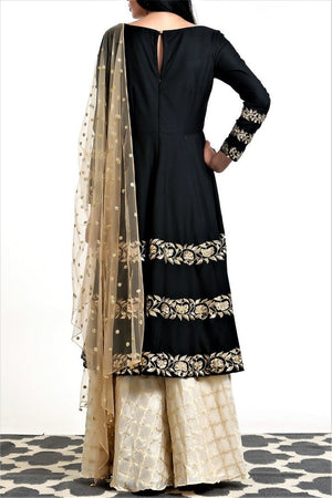 Buy black hand embroidered silk short kalidaar with palazzo online in USA. Get occasion ready with a stunning range of Indian designer suits from Pure Elegance fashion store in USA. We bring the best designer dresses for Indian women in USA at our online store. Shop now.-back