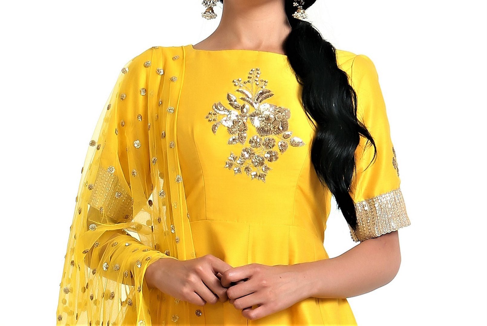 Buy yellow silk blend peplum kurta with white dhoti salwar and net dupatta online in USA. Get occasion ready with a stunning range of Indian designer suits from Pure Elegance fashion store in USA. We bring the best designer dresses for Indian women in USA at our online store. Shop now.-kurta