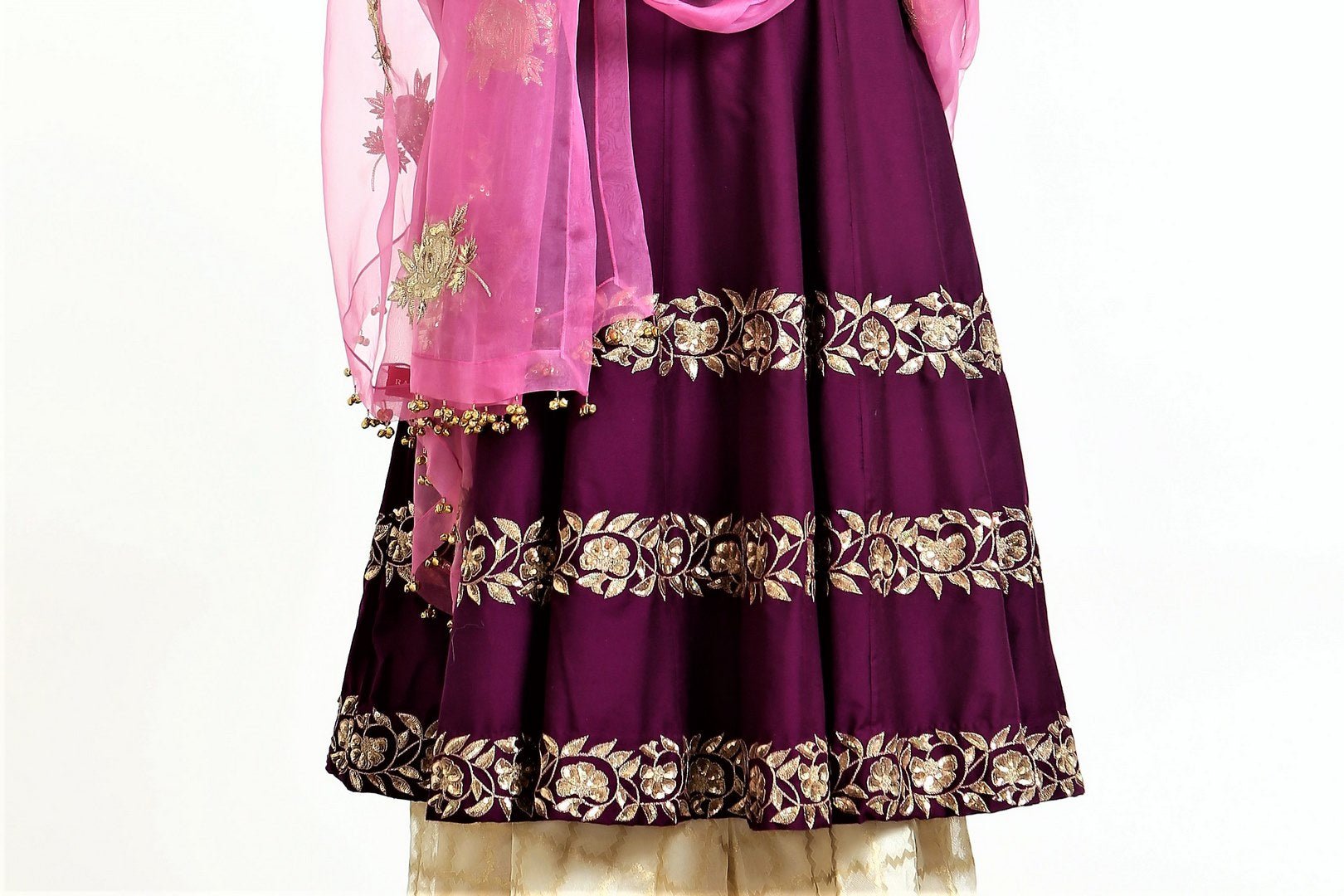 Buy jamni color hand embroidered silk blend short kalidaar with sharara online in USA. Get occasion ready with a stunning range of Indian designer suits from Pure Elegance fashion store in USA. We bring the best designer dresses for Indian women in USA at our online store. Shop now.-details