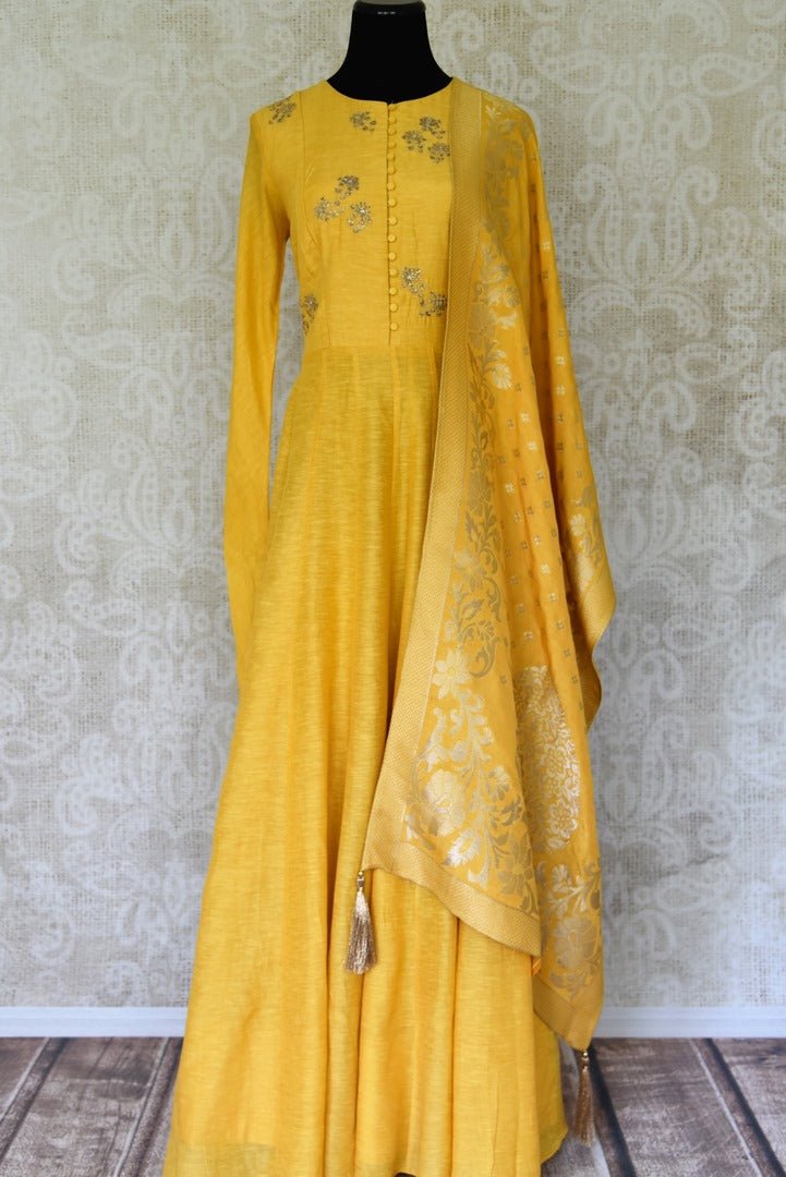 Shop mustard yellow embroidered floor length suit with dupatta online in USA. Enhance your ethnic style on special occasions with a splendid range of Indian designer clothes for women available at Pure Elegance fashion store in USA.-full view