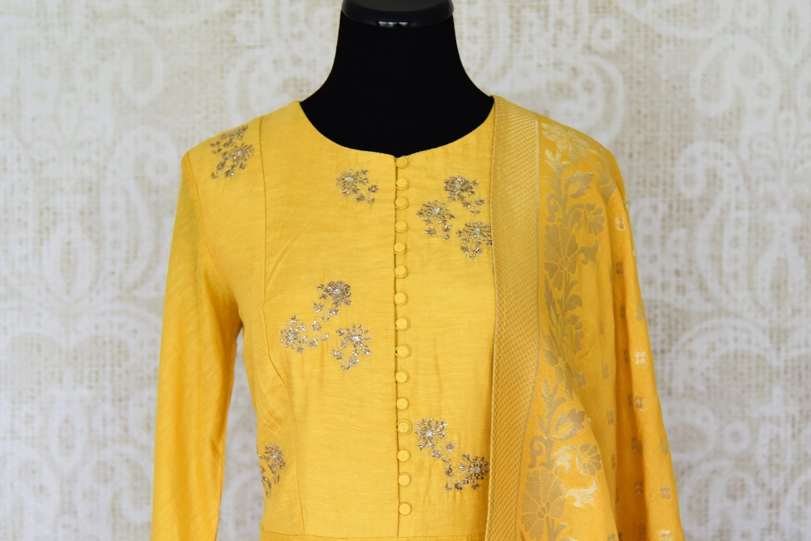 Shop mustard yellow embroidered floor length suit with dupatta online in USA. Enhance your ethnic style on special occasions with a splendid range of Indian designer clothes for women available at Pure Elegance fashion store in USA.-front