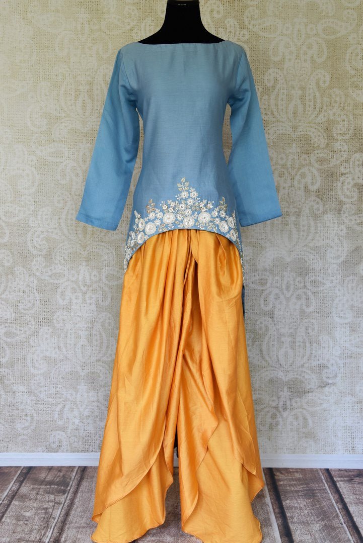 Buy Indowestern blue and yellow embroidered silk suit online in USA. Enhance your ethnic style on special occasions with a splendid range of Indian designer clothes for women available at Pure Elegance fashion store in USA.-full view
