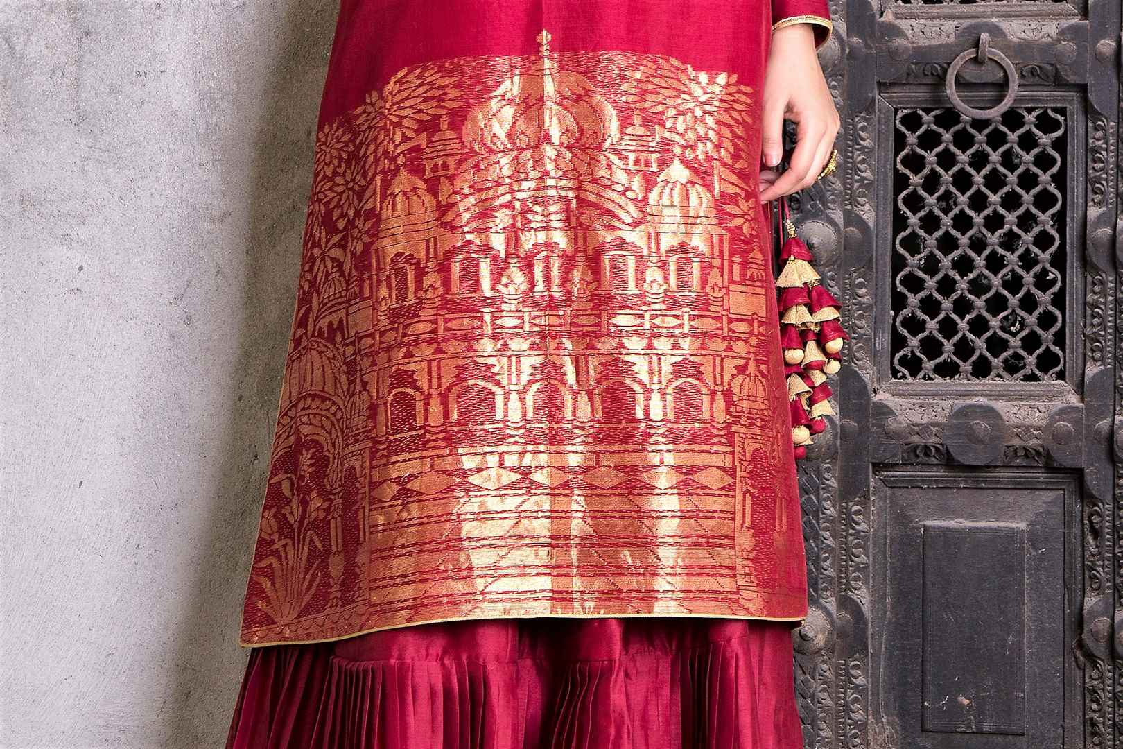 Buy rich maroon embroidered chanderi Anarkali with skirt online in USA. Find a range of exquisite Indian dresses in USA at Pure Elegance clothing store. Enrich your traditional style with a range of Indian clothing, designer Anarkali suits, wedding lehengas, and much more also available at our online store.-design