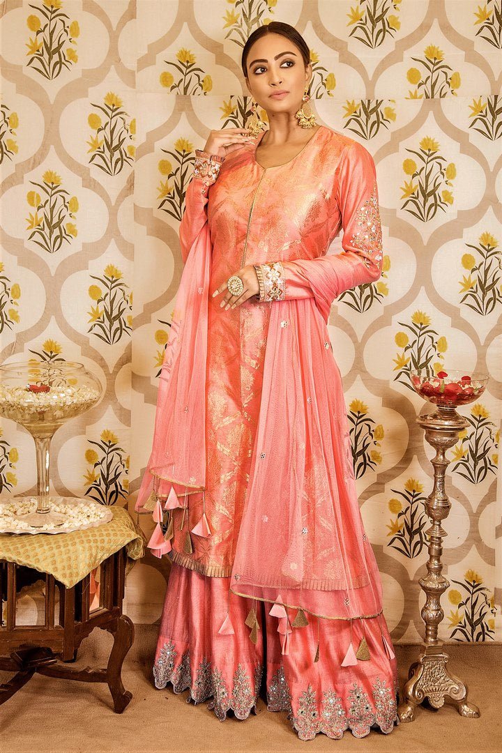 Buy pink embroidered chanderi kurta and sharara online in USA with embroidered dupatta. Keep your wardrobe updated with a range of stylish Indian designer suits from Pure Elegance fashion store in USA. A stylish range of Indian clothing, handwoven sarees, pure silk sarees is available at our online store to elevate your style.-full view