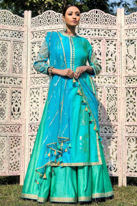 Buy aqua blue embroidered chanderi kurta with skirt online in USA. Find a range of exquisite Indian dresses in USA at Pure Elegance clothing store. Enrich your traditional style with a range of Indian clothing, designer Anarkali suits, wedding lehengas, and much more also available at our online store.-full view