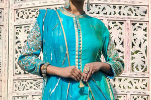 Buy aqua blue embroidered chanderi kurta with skirt online in USA. Find a range of exquisite Indian dresses in USA at Pure Elegance clothing store. Enrich your traditional style with a range of Indian clothing, designer Anarkali suits, wedding lehengas, and much more also available at our online store.-top