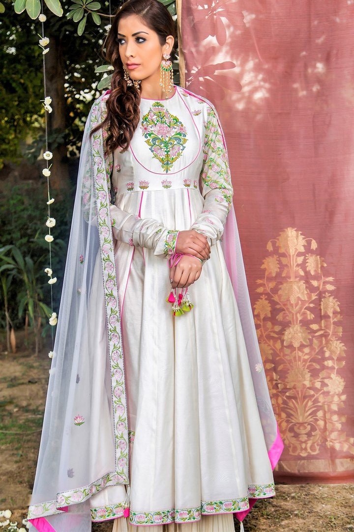 Buy ivory multicolor embroidered chanderi Anarkali set with dupatta online in USA. Find a range of exquisite Indian dresses in USA at Pure Elegance clothing store. Enrich your traditional style with a range of Indian clothing, designer Anarkali suits, wedding lehengas, and much more also available at our online store.-full view
