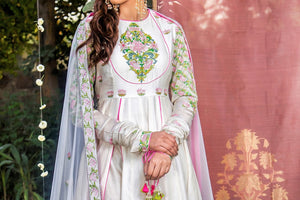Buy ivory multicolor embroidered chanderi Anarkali set with dupatta online in USA. Find a range of exquisite Indian dresses in USA at Pure Elegance clothing store. Enrich your traditional style with a range of Indian clothing, designer Anarkali suits, wedding lehengas, and much more also available at our online store.-top