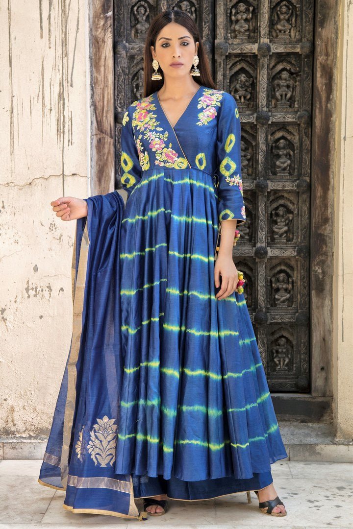 Shop indigo lime embroidered chanderi tie and dye Anarkali set online in USA. Find a range of exquisite Indian dresses in USA at Pure Elegance clothing store. Enrich your traditional style with a range of Indian clothing, designer Anarkali suits, wedding lehengas, and much more also available at our online store.-full view