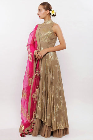 Buy grey crepe printed embroidered Anarkali with dupatta and churidaar online in USA. Pick your favorite Indian designer suits and dresses from Pure Elegance clothing store in USA. Ace your style game with a range of Indian saris, Anarkali suits, designer lehengas also available on our online store.  -front