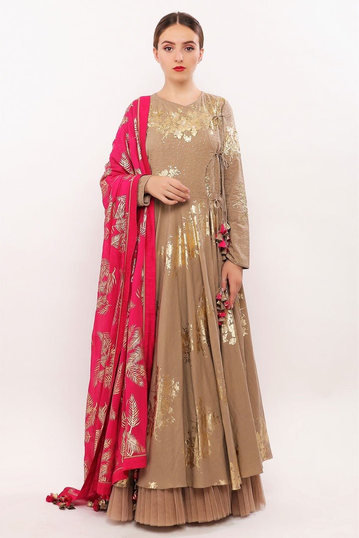 Buy grey handweaved cotton printed and embroidered Angrakha suit with dupatta and churidaar online in USA. Pick your favorite Indian designer suits and dresses from Pure Elegance clothing store in USA. Ace your style game with a range of Indian saris, Anarkali suits, designer lehengas also available on our online store.  -full view