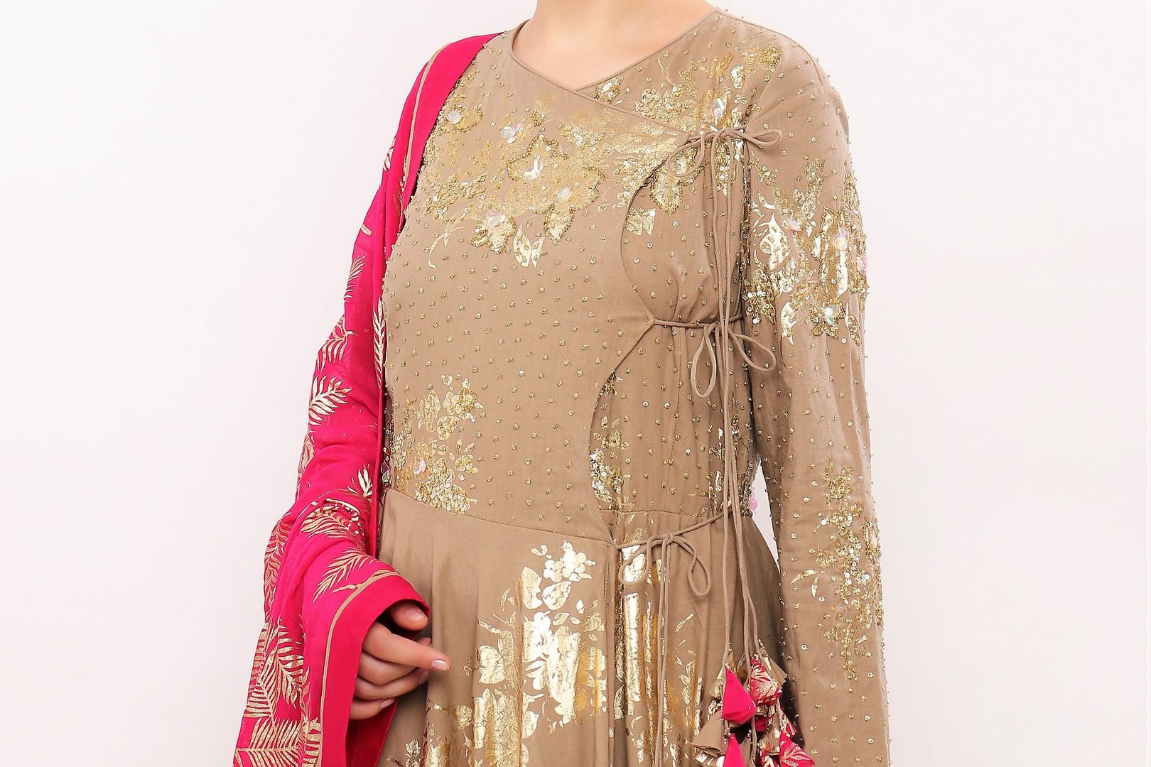 Buy grey handweaved cotton printed and embroidered Angrakha suit with dupatta and churidaar online in USA. Pick your favorite Indian designer suits and dresses from Pure Elegance clothing store in USA. Ace your style game with a range of Indian saris, Anarkali suits, designer lehengas also available on our online store.  -yoke
