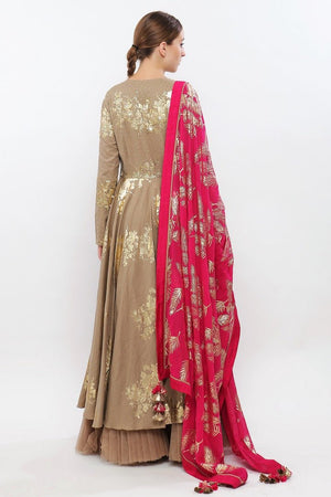 Buy grey handweaved cotton printed and embroidered Angrakha suit with dupatta and churidaar online in USA. Pick your favorite Indian designer suits and dresses from Pure Elegance clothing store in USA. Ace your style game with a range of Indian saris, Anarkali suits, designer lehengas also available on our online store.  -back
