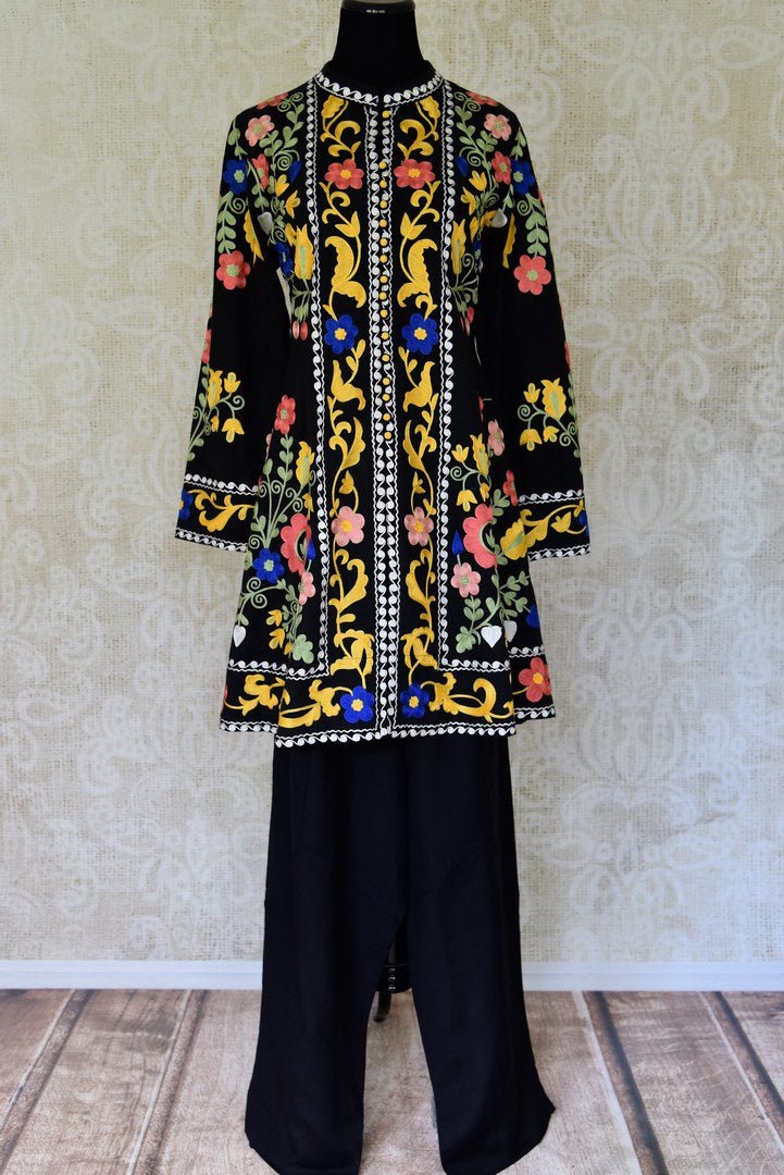 Shop black embroidered linen suit with palazzo online in USA. Elevate your ethnic style with a range of captivating Indian designer clothes from Pure Elegance Indian clothing store in USA. Make the festive season bright with beautiful pure silk saris, Banarasi sarees, designer suits from our online store.-full view