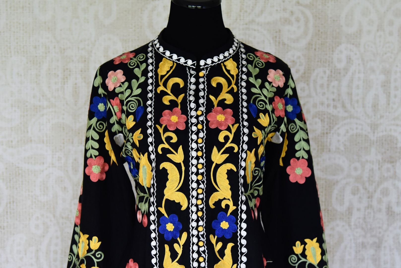 Shop black embroidered linen suit with palazzo online in USA. Elevate your ethnic style with a range of captivating Indian designer clothes from Pure Elegance Indian clothing store in USA. Make the festive season bright with beautiful pure silk saris, Banarasi sarees, designer suits from our online store.-front