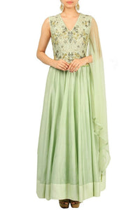 Alluring pastel green embroidered Anarkali suit with single sleeve for online shopping in USA. Make your ethnic wardrobe complete with an exquisite collection of Indian designer clothing from Pure Elegance clothing store in USA. A splendid variety of designer dresses, designer lehenga choli, salwar suits will leave you wanting for more. Shop now.-full view