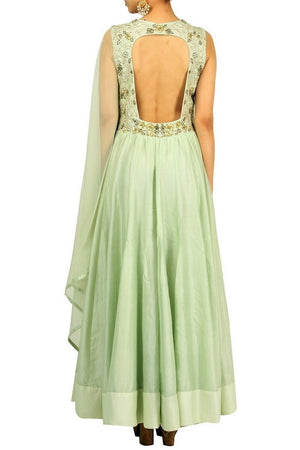 Alluring pastel green embroidered Anarkali suit with single sleeve for online shopping in USA. Make your ethnic wardrobe complete with an exquisite collection of Indian designer clothing from Pure Elegance clothing store in USA. A splendid variety of designer dresses, designer lehenga choli, salwar suits will leave you wanting for more. Shop now.-back