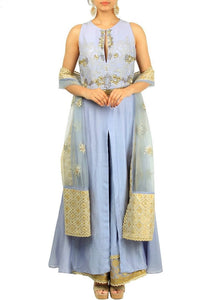 Dusty blue embroidered sleeveless chanderi silk kurta with palazzo for online shopping in USA. Make your ethnic wardrobe complete with an exquisite collection of Indian designer clothing from Pure Elegance clothing store in USA. A splendid variety of designer dresses, designer lehenga choli, salwar suits will leave you wanting for more. Shop now.-full view