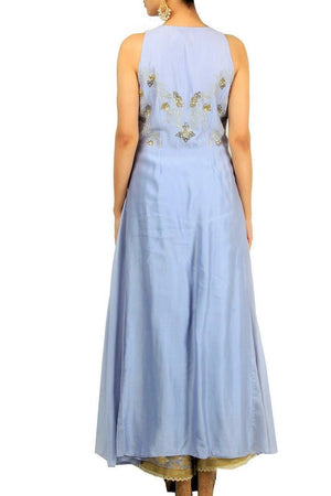 Dusty blue embroidered sleeveless chanderi silk kurta with palazzo for online shopping in USA. Make your ethnic wardrobe complete with an exquisite collection of Indian designer clothing from Pure Elegance clothing store in USA. A splendid variety of designer dresses, designer lehenga choli, salwar suits will leave you wanting for more. Shop now.-back