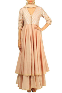 Beige chanderi silk embroidered Anarkali suit with flared pants for online shopping in USA. Make your ethnic wardrobe complete with an exquisite collection of Indian designer clothing from Pure Elegance clothing store in USA. A splendid variety of designer dresses, designer lehenga choli, salwar suits will leave you wanting for more. Shop now.-full view