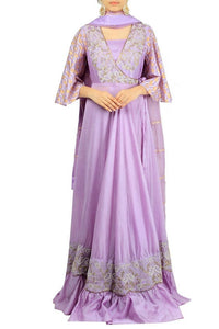 Mauve color chanderi silk embroidered floor-length kurta with flared sleeves for online shopping in USA. Make your ethnic wardrobe complete with an exquisite collection of Indian designer clothing from Pure Elegance clothing store in USA. A splendid variety of designer dresses, designer lehenga choli, salwar suits will leave you wanting for more. Shop now.-full view