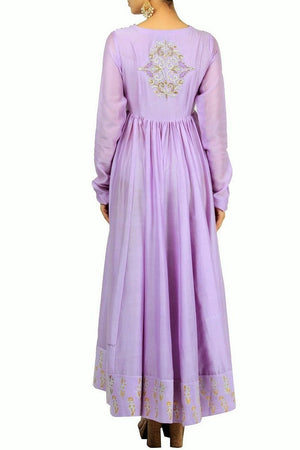 Mauve color chanderi silk embroidered floor-length kurta with flared sleeves for online shopping in USA. Make your ethnic wardrobe complete with an exquisite collection of Indian designer clothing from Pure Elegance clothing store in USA. A splendid variety of designer dresses, designer lehenga choli, salwar suits will leave you wanting for more. Shop now.-back
