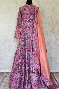 Shop purple printed silk floorlength Anarkali with dupatta online in USA from Pure Elegance. Make every occasion special with stunning Indian designer clothing, Anarkali suits, wedding dresses, designer gowns from our Indian clothing store in USA. -full view