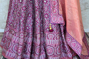 Shop purple printed silk floorlength Anarkali with dupatta online in USA from Pure Elegance. Make every occasion special with stunning Indian designer clothing, Anarkali suits, wedding dresses, designer gowns from our Indian clothing store in USA. -bottom