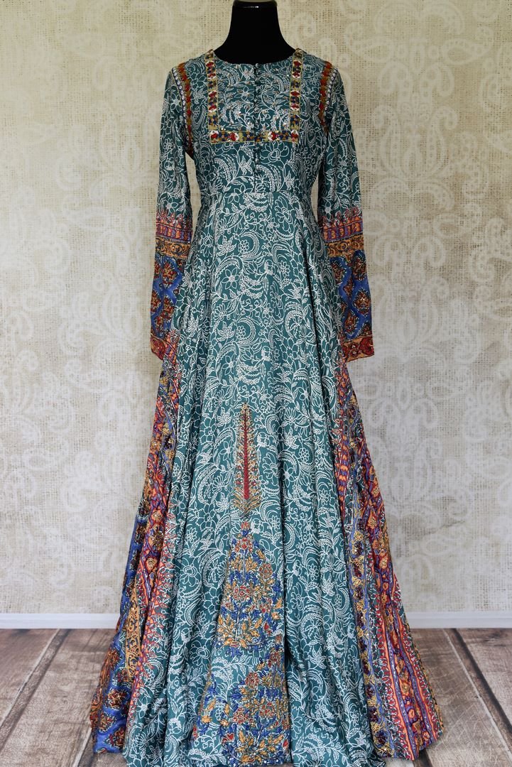 Shop green printed and embroidered silk Anarkali dress online in USA from Pure Elegance. Make every occasion special with stunning Indian designer clothing, Anarkali suits, wedding dresses, designer gowns from our Indian clothing store in USA. -full view