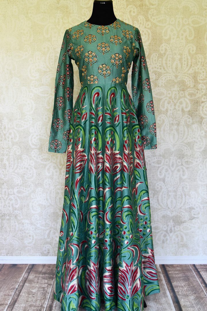 Buy green printed silk Anarkali dress with embroidery online in USA from Pure Elegance. Make every occasion special with stunning Indian designer clothing, Anarkali suits, wedding dresses, designer gowns from our Indian clothing store in USA. -full view