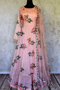 Shop pink printed silk floorlength Anarkali suit with dupatta online in USA. Shop more such Indian designer Anarkali suits, designer Indian dresses, wedding dresses in USA from Pure Elegance clothing fashion store this wedding season.-full view