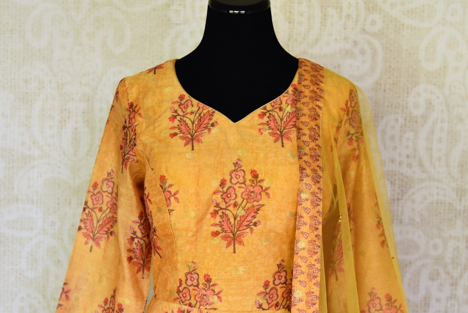 Buy mustard floral print silk floorlength Anarkali suit with dupatta online in USA. Shop more such Indian designer Anarkali suits, designer Indian dresses, wedding dresses in USA from Pure Elegance clothing fashion store this wedding season.-front