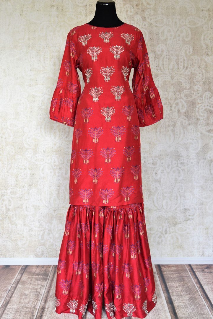Shop red embroidered silk suit with matching palazzo online in USA from Pure Elegance. Add exquisite Indian designer suits, Indian dresses, wedding lehengas in beautiful styles and designs to your ethnic wardrobe from our Indian clothing store in USA or shop online.-full view