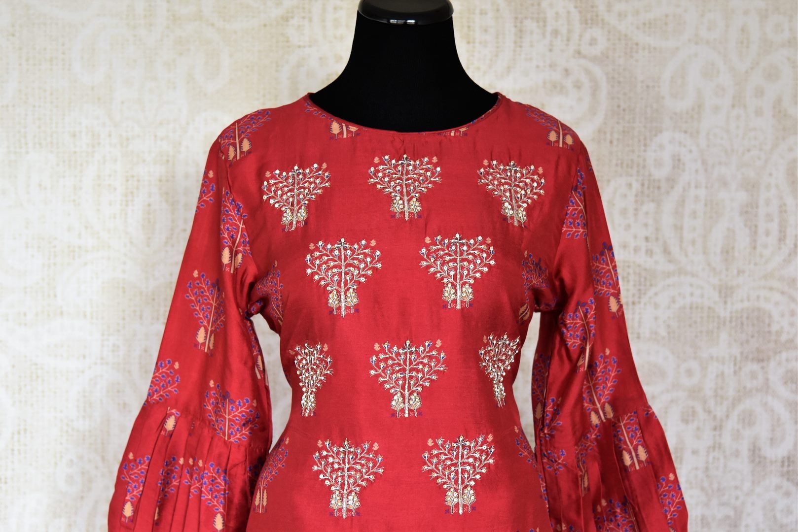 Shop red embroidered silk suit with matching palazzo online in USA from Pure Elegance. Add exquisite Indian designer suits, Indian dresses, wedding lehengas in beautiful styles and designs to your ethnic wardrobe from our Indian clothing store in USA or shop online.-front
