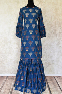 Buy beautiful blue embroidered silk suit with matching palazzo online in USA from Pure Elegance. Add exquisite Indian designer suits, Indian dresses, wedding lehengas in beautiful styles and designs to your ethnic wardrobe from our Indian clothing store in USA or shop online.-full view