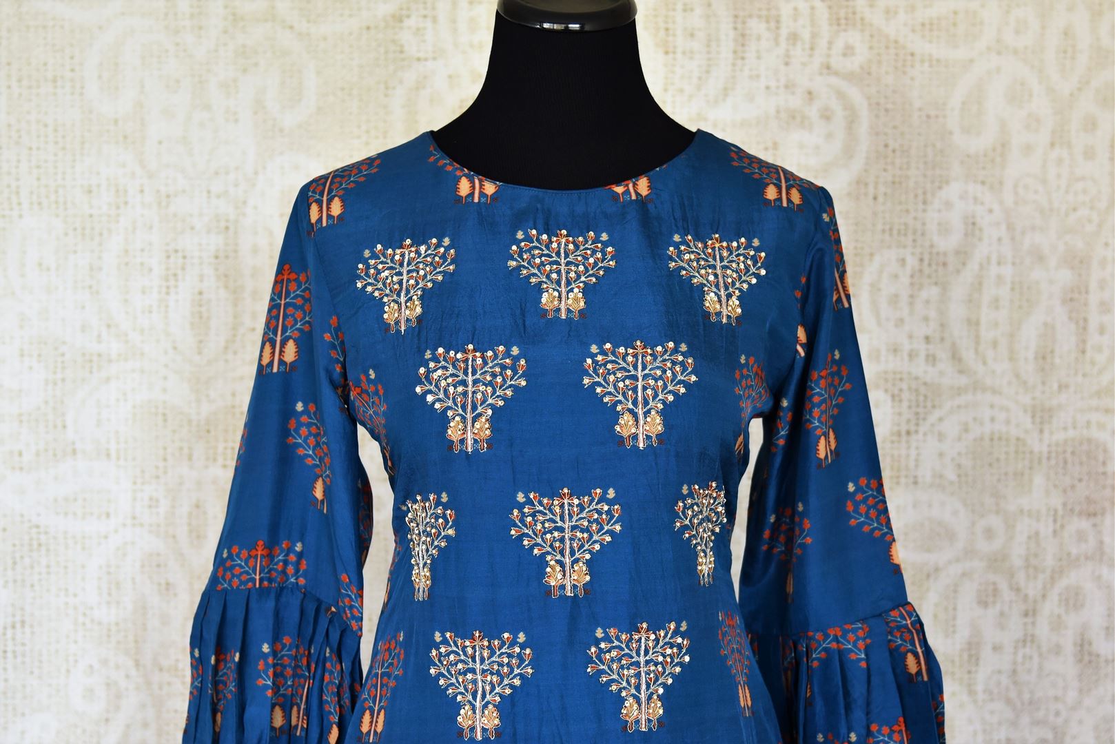 Buy beautiful blue embroidered silk suit with matching palazzo online in USA from Pure Elegance. Add exquisite Indian designer suits, Indian dresses, wedding lehengas in beautiful styles and designs to your ethnic wardrobe from our Indian clothing store in USA or shop online.-front