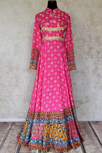 Buy pink embroidered silk Anarkali dress online in USA with bandhej print from Pure Elegance. Add exquisite Indian designer suits, Indian dresses, wedding lehengas in beautiful styles and designs to your ethnic wardrobe from our Indian clothing store in USA or shop online.-full view