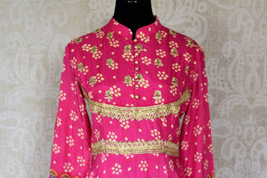 Buy pink embroidered silk Anarkali dress online in USA with bandhej print from Pure Elegance. Add exquisite Indian designer suits, Indian dresses, wedding lehengas in beautiful styles and designs to your ethnic wardrobe from our Indian clothing store in USA or shop online.-front