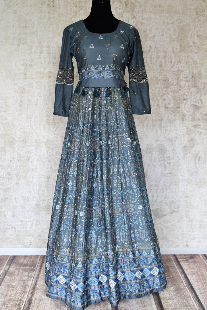 Shop elegant grey embroidered silk Anarkali dress online in USA with bandhej print from Pure Elegance. Add exquisite Indian designer Anarkali suits, Indian dresses, wedding lehengas in beautiful styles and designs to your ethnic wardrobe from our Indian clothing store in USA or shop online.-full view
