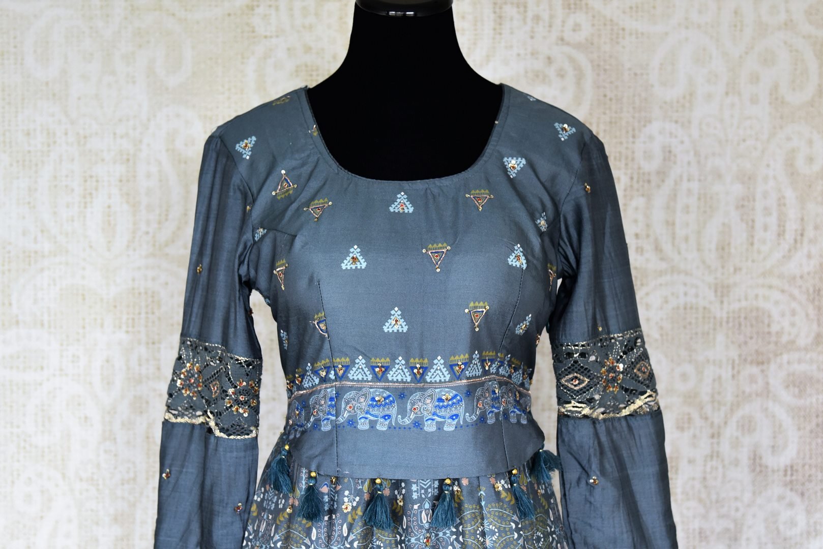 Shop elegant grey embroidered silk Anarkali dress online in USA with bandhej print from Pure Elegance. Add exquisite Indian designer Anarkali suits, Indian dresses, wedding lehengas in beautiful styles and designs to your ethnic wardrobe from our Indian clothing store in USA or shop online.-front
