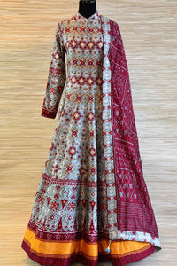 Shop grey and maroon chanderi silk patola print floorlength Anarkali suit online in USA. Be the talk of every occasion with exquisite designer Indian clothing from Pure Elegance Indian clothing store in USA. -full view