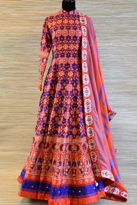 Buy orange and blue chanderi silk patola print floor length Anarkali suit online in USA. Be the talk of every occasion with exquisite Indian designer suits from Pure Elegance Indian clothing store in USA. -full view