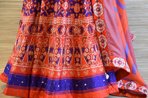 Buy orange and blue chanderi silk patola print floor length Anarkali suit online in USA. Be the talk of every occasion with exquisite Indian designer suits from Pure Elegance Indian clothing store in USA. -bottom