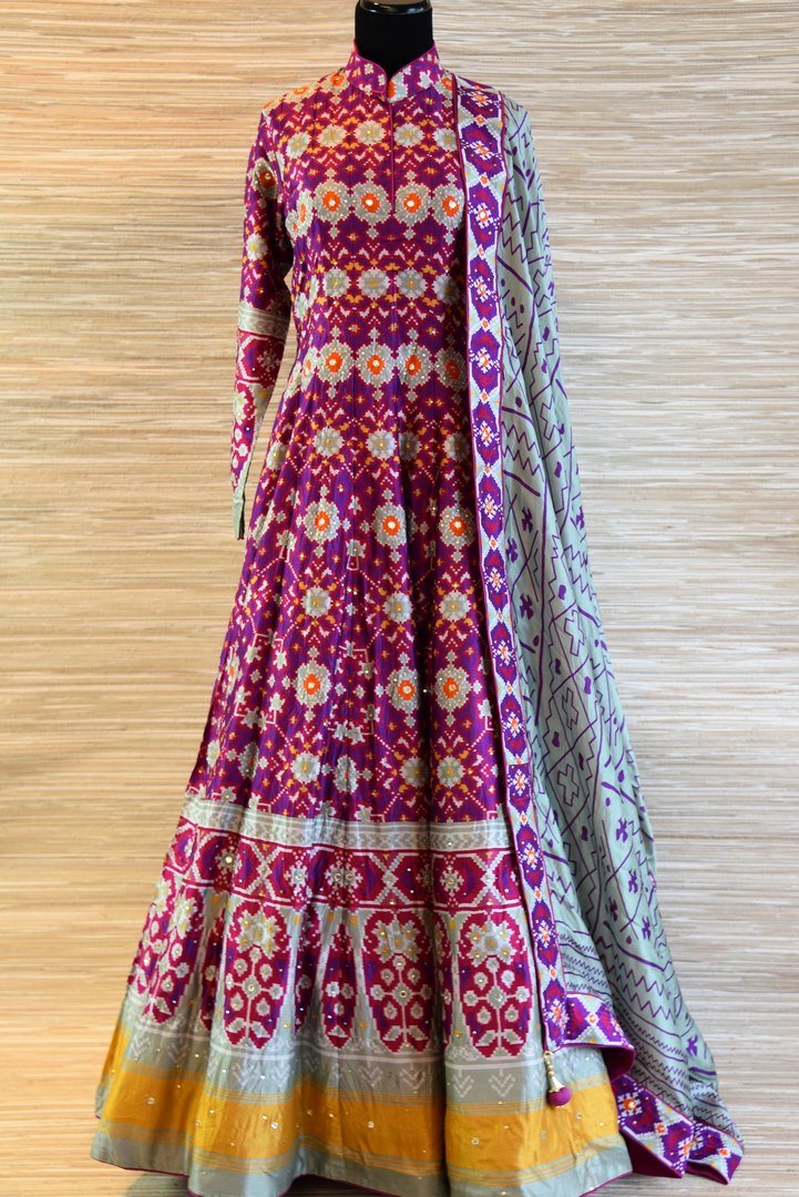 Buy purple and grey chanderi silk patola print floor length Anarkali suit online in USA. Be the talk of every occasion with exquisite Indian designer suit from Pure Elegance Indian clothing store in USA. -full view