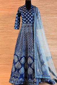 Shop beautiful blue chanderi silk embroidered floor length Anarkali suit online in USA. Be the talk of every occasion with exquisite Indian designer suit from Pure Elegance Indian clothing store in USA. -full view